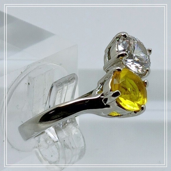 Silver Tone Bypass Ring Two Stone Yellow Sapphire Clear CZ Round Cut Size 7 - Picture 3 of 11